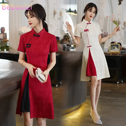 Vintage Chinese Traditional Casual Party Women Qipao Dress Summer Stand Collar Short Sleeve Cheongsam CNY