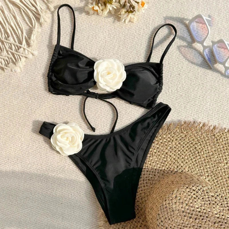 Sexy Flower Bandeau Swimwear Thong Bikini 2024 Women Lace-up Swimsuits Swimming Bathing Suit Brazilian Bikinis Set Mujer Biquini