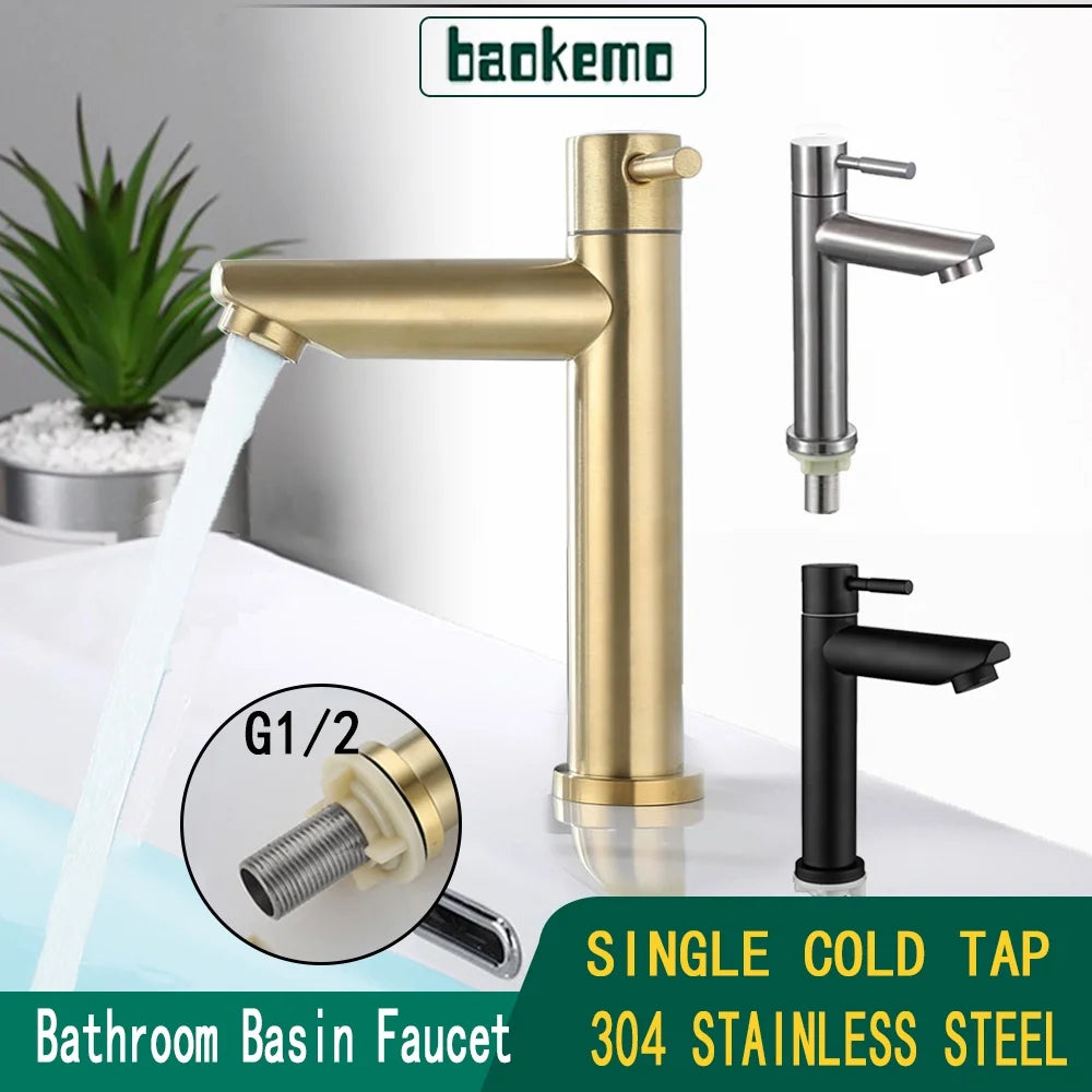 BAOKEMO Basin Faucet 1/2Inch 304 Stainless Steel Single Cold Water Tap Gold Black Silver Color Deck Mounted Basin Sink Faucet