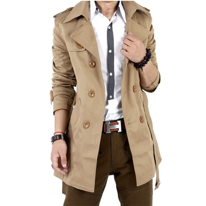 Men's Windbreaker Jacket Vintage Black Khaki Spring Autumn Business Trench Male Double Breasted Retro Classic Long Coat Thick