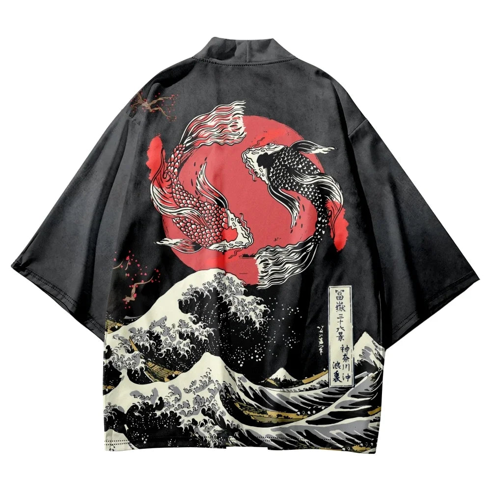 Men's And Women's Cardigans Kimono Carp Spray Print Beach Japanese yukata cosplays tradicional asia & pacific islands clothing