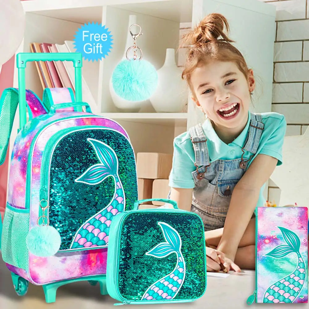 Girls Rolling Backpack, Kids Wheels Bookbag - Roller Elementary Sequin School Bag - 3PCS Unicorn Mermaid Green Visit the gxtvo S