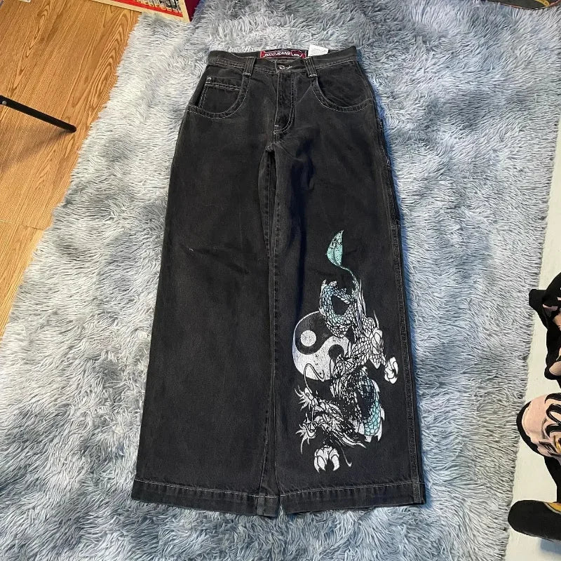 JNCO Y2K فضفاض الجينز الرجال خمر مطرزة جينز عالي الجودة الهيب هوب القوطي الشارع الشهير Harajuku الرجال النساء عادية واسعة الساق الجينز