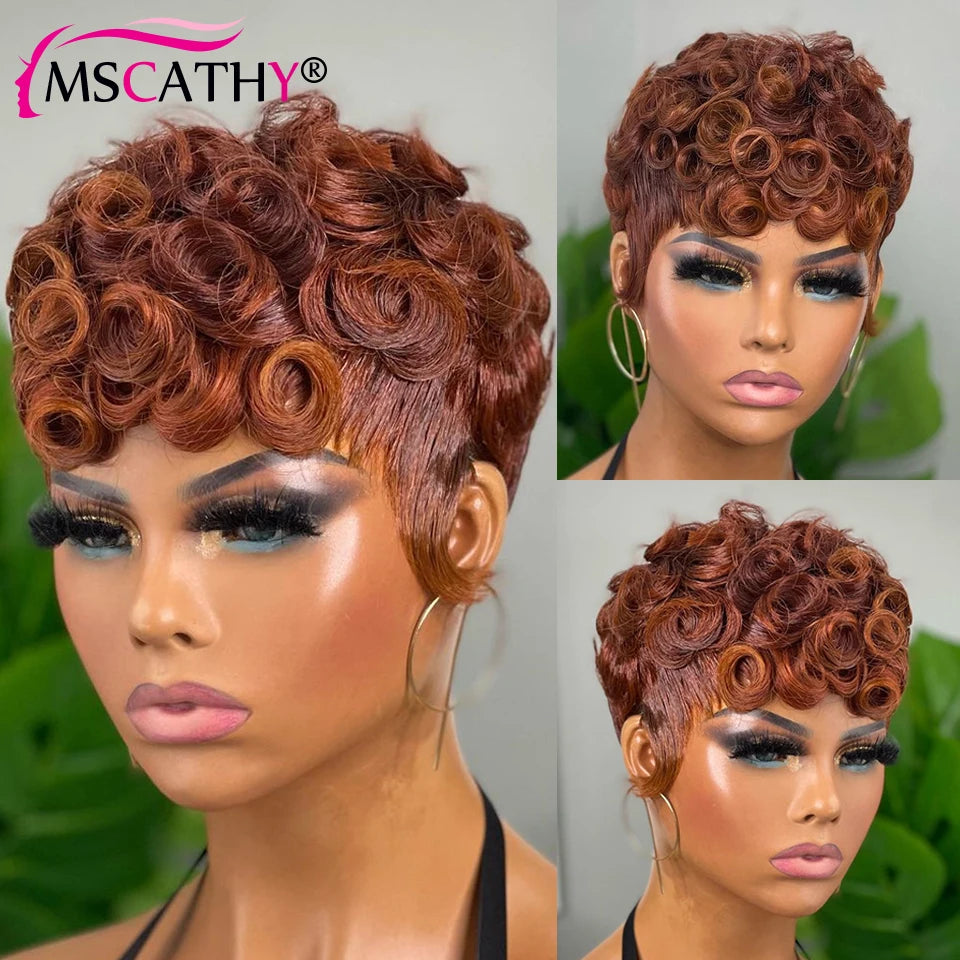 Ginger Pixie Cut Human Hair Wigs For Women Brown Curly Short Bob Full Machine Made Wig 99J Glueless Brazilian Virgin Hair Wigs