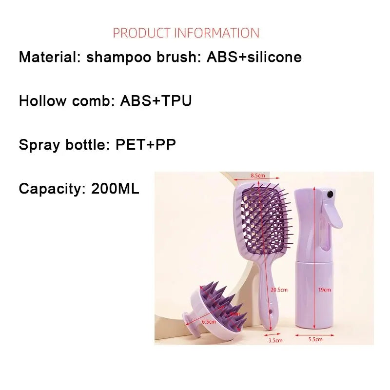 Hollow Comb Set With Spray Bottle 200ml Hair Care Product Set Silicone Shampoo Head Scalp Massage Brush