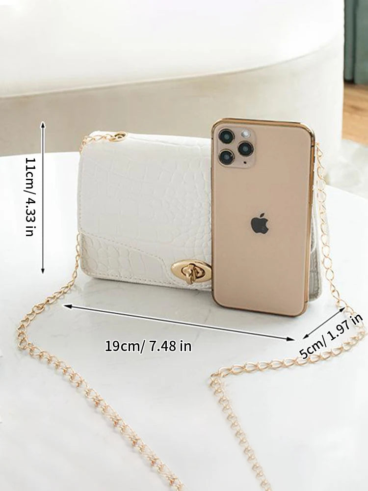 Stone Shape Pattern Square Bag Metal Chain and Lock Large Capacity Shoulder Crossbody Bag for Women