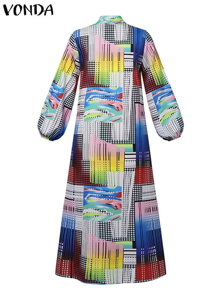 Plus Size 5XL VONDA Summer Bohemian Printed Dress 2024 Women Elegant Long Sleeve Vintage Maxi Sundress Casual Buttons Loose Robe