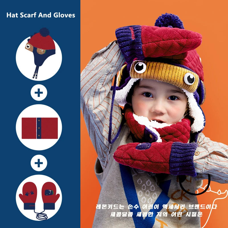 Dinosaur Unicorn Style Kids Skiing Caps & Scarfs Baby Winter Hats Children Warm Gloves For Boys Girls Suit Hat Scarf And Gloves