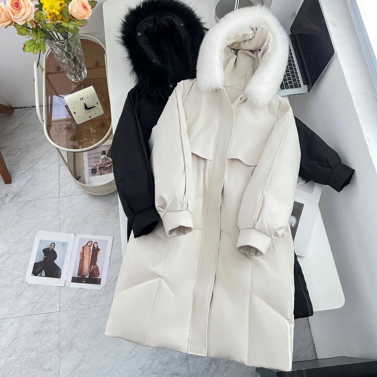 Winter Drawstring Waist Real Raccoon Fur Collar Hooded Down Jacket Plus Size Women's Long Warm Coat 1950