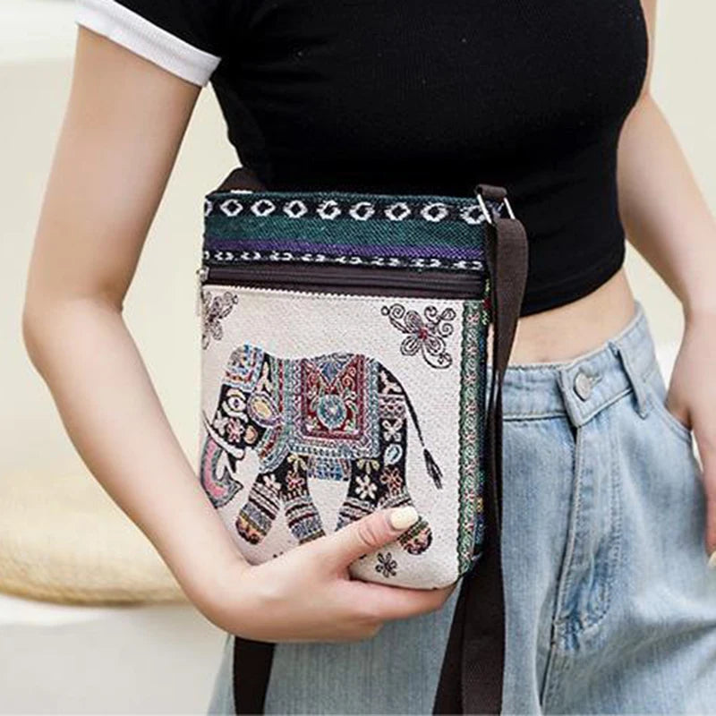 Women Small Canvas Embroidered Phone Shoulder Bag Retro Ethnic Style Travel Outdoor Messenger Crossbody Bag