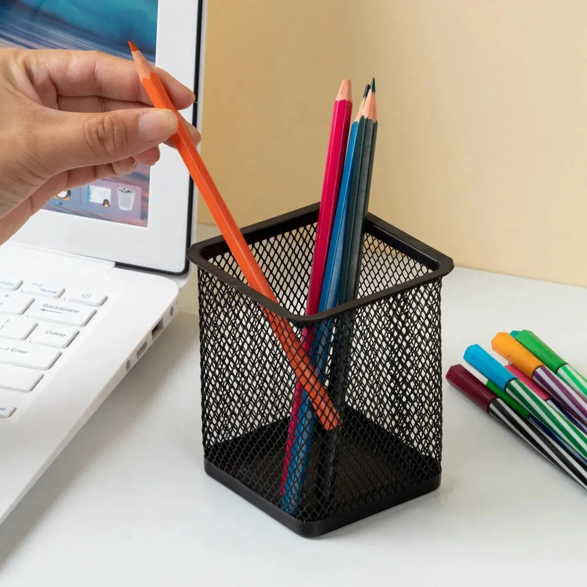 MOTARRO 1Pcs Pencil Holder Office Desk Metal Mesh Square Round Pen Pot Cup Case Container Organiser Durable Pencil Case