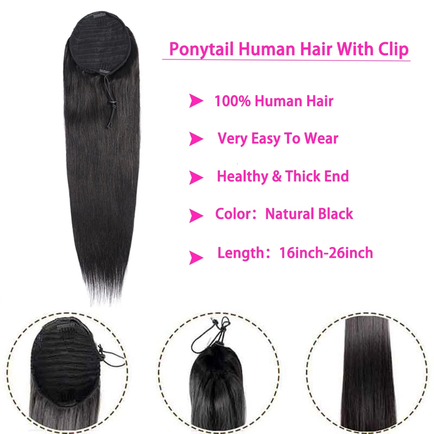 Ponytail Human Hair Extensions With Clip 10"-26" 100gram Natural Color Straight Human Hair Drawstring Ponytail For Women 1 Piece