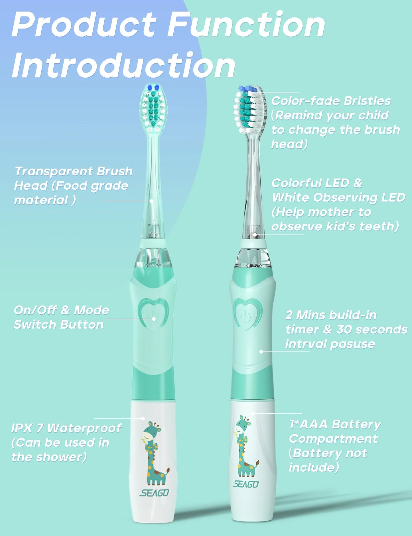 SEAGO Sonic Electric Toothbrush Kids Battery Cartoon with Colorful LED Waterproof Soft Oral Hygiene Massage Teeth Care SG977