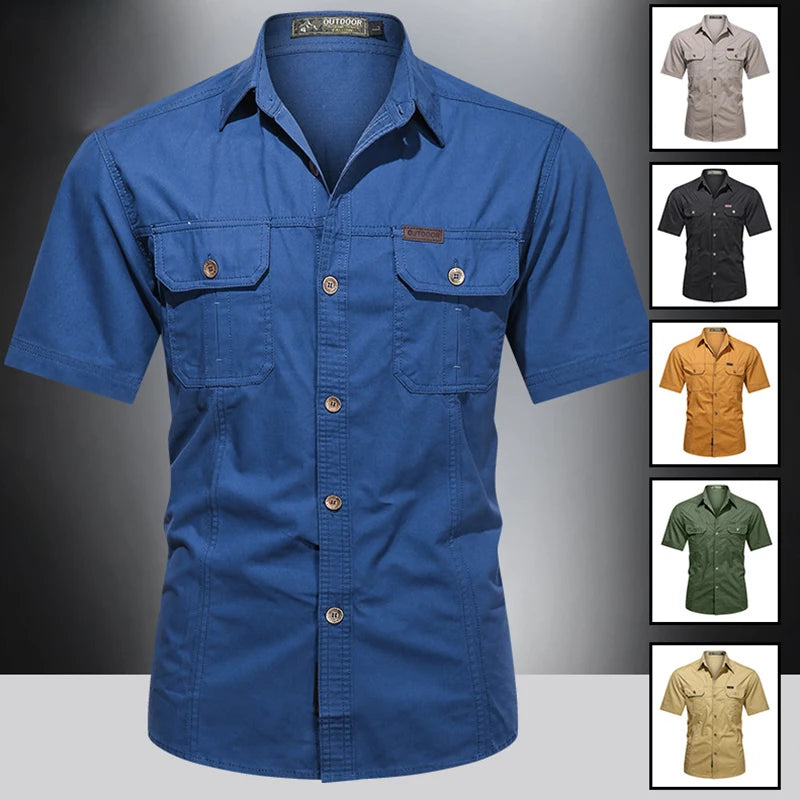 2022 New Summer Denim Short Sleeve Men Shirts 100% Cotton Army Military Casual Shirts Outdoor Hiking Fishing Clothing Plus Size