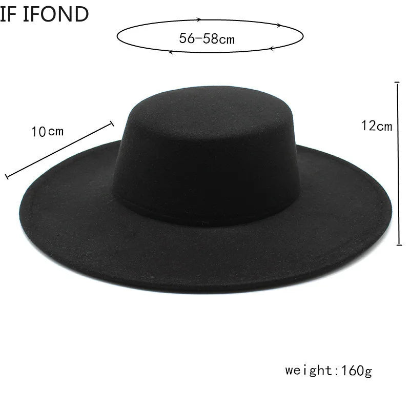 French Women's Hat Big Wide Brim 10CM Fedora Hat Winter Wool Derby Wedding Jazz Hats Flat Top Felt Hat