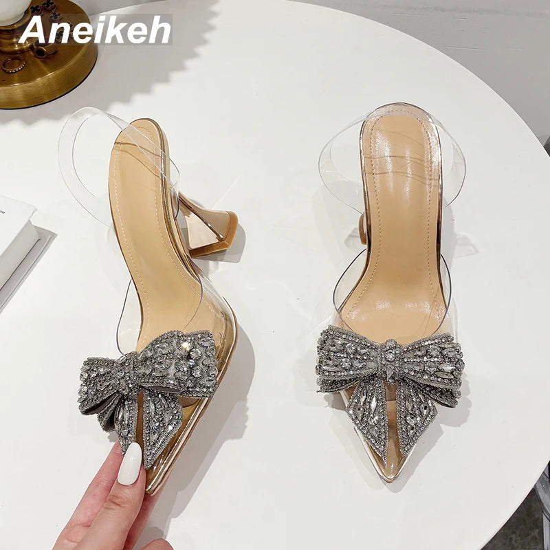 Aneikeh 2023 Summer Women Fashion Shoe Sexy High Heel Ankle Slingbacks Buckle Strap Pointed Toe Butterfly-Knot Decoration Pumps