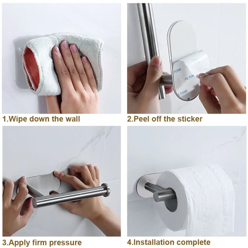 Self Adhesive Toilet Paper Towel Holder Punch-free Roll Paper Holder Kitchen Hook Storage Holder Stainless Steel Wall Mount