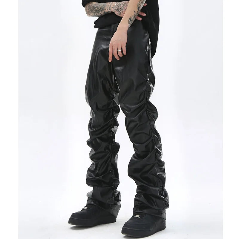 Hip Hop Mens Pleated Pu Leather Pants Harajuku Retro Streetwear Loose Ruched Casual Trousers Straight Solid Color Black Pants