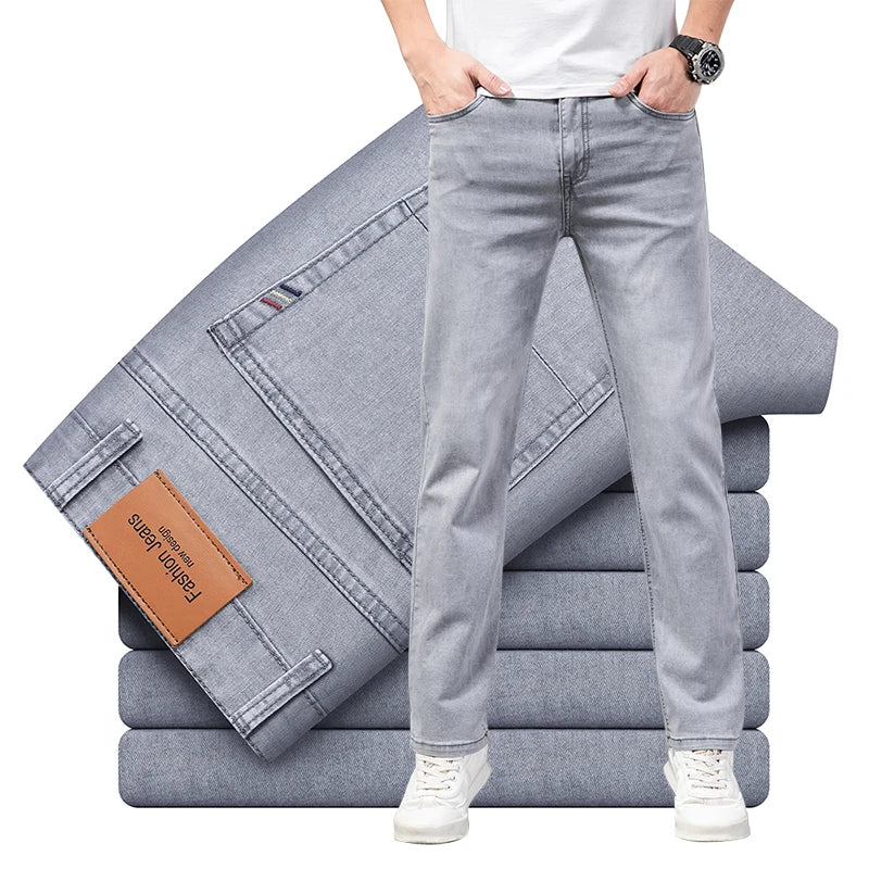 2024 Summer Thin Men's Elastic Cotton Jeans Fashion Gray Comfortable Business Straight Casual Pants High Quality Brand Trousers