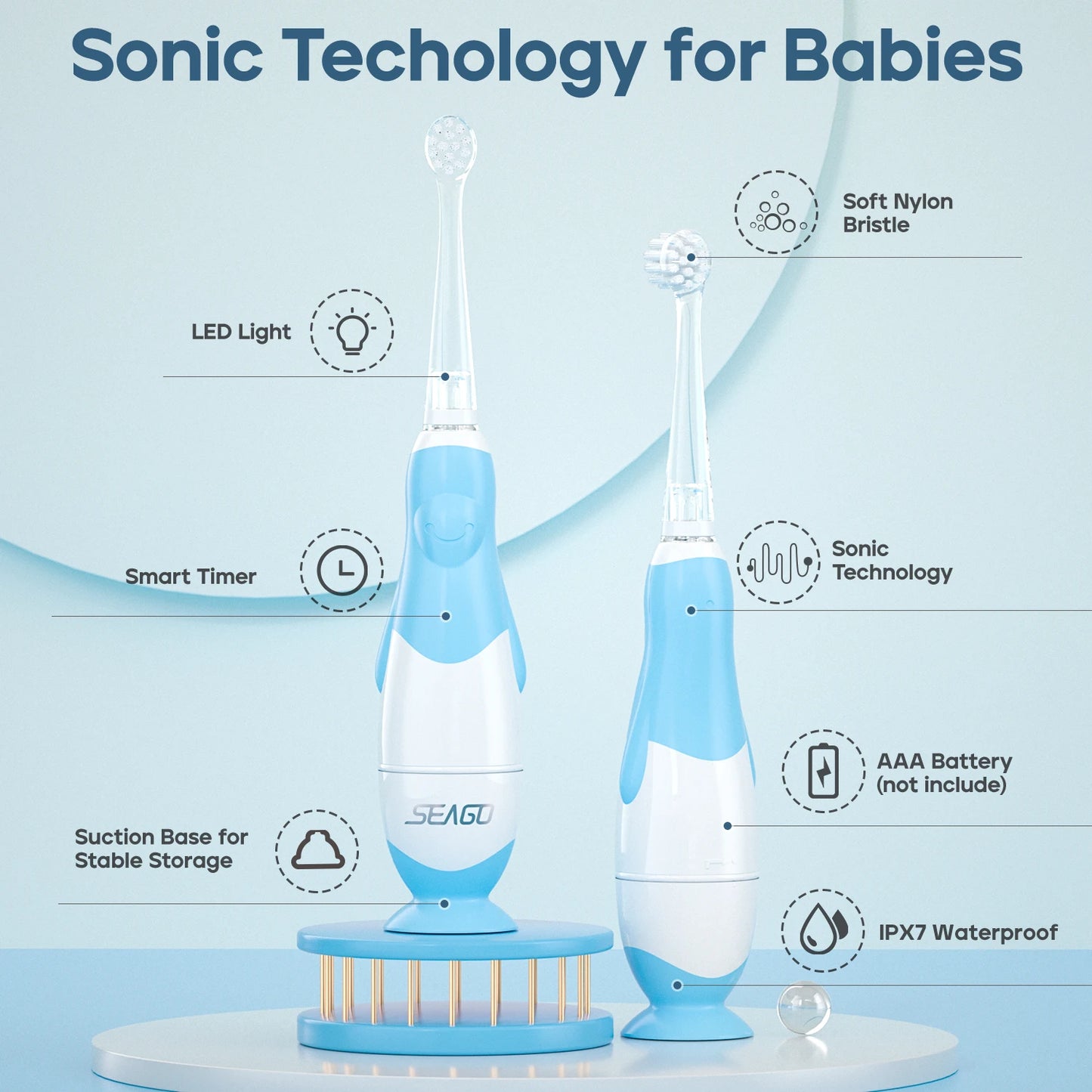 Seago Kids Electric Toothbrush Sonic Toothbrush with Observing Light Replaceable Brush Head Child Cartoon Smart Timer Waterproof