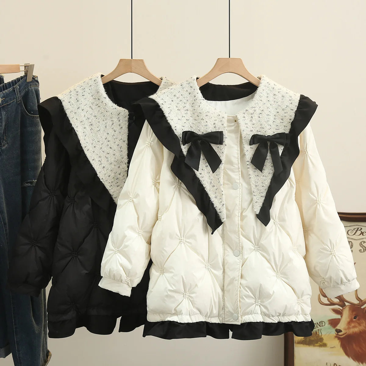 4XL Winter Down Jacket Women Plus Size Chic Detachable Bow Sailor Collar White Duck Down Coat Sweet Ruffle Argyle Warm Outewear