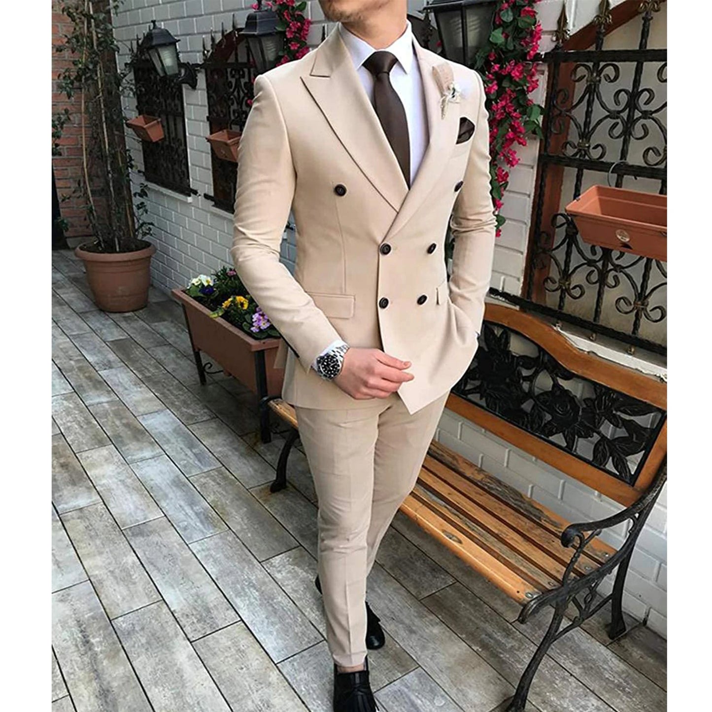 2024 New Beige Men's Suit 2 Pieces Double Breasted Notch Lapel Flat Slim Fit Casual Tuxedos For Wedding(Blazer+Pants)