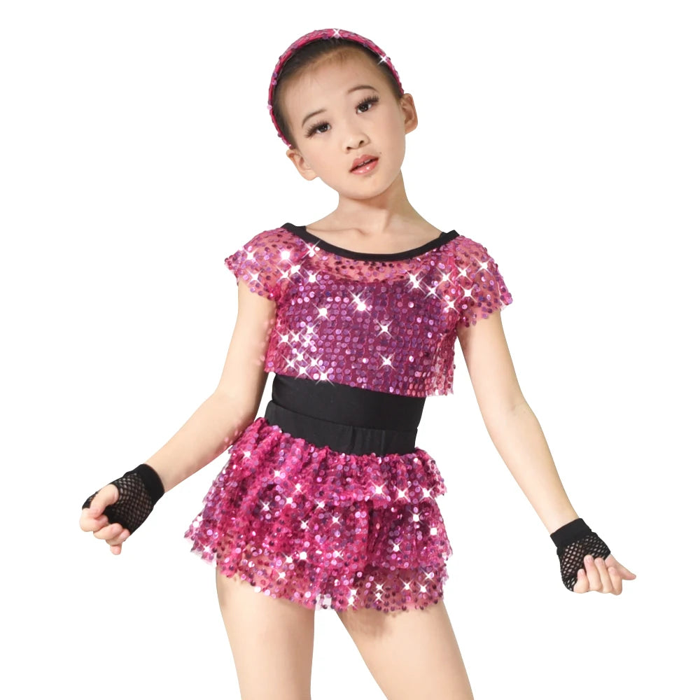 6pcs Jazz Dance Outfits Sequins Tires Dance Dress Tap Dance Costume Leotard Crop Top Skirt Headband Fishnet Gloves