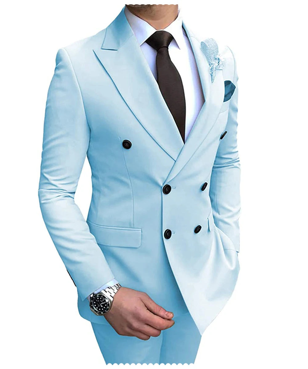 2024 New Beige Men's Suit 2 Pieces Double Breasted Notch Lapel Flat Slim Fit Casual Tuxedos For Wedding(Blazer+Pants)