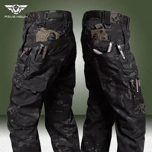 Black Camo Cargo Pants Outdoor Multi-pocket Ripstop Waterproof Trousers Male Autumn Wear-resistant Training Fishing Work Pant