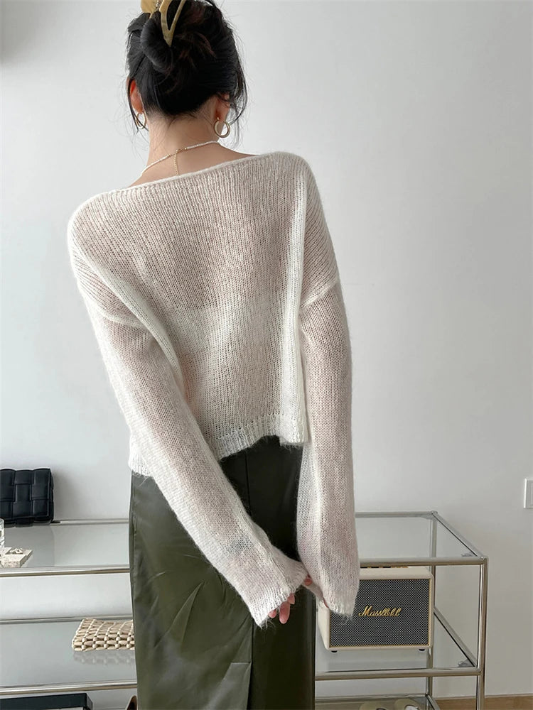 LANMREM Thin Knitted Sweater Women Long Sleeves Solid Color Transparent Pullover Female Fashion Top 2024 Spring Winter 2R4360