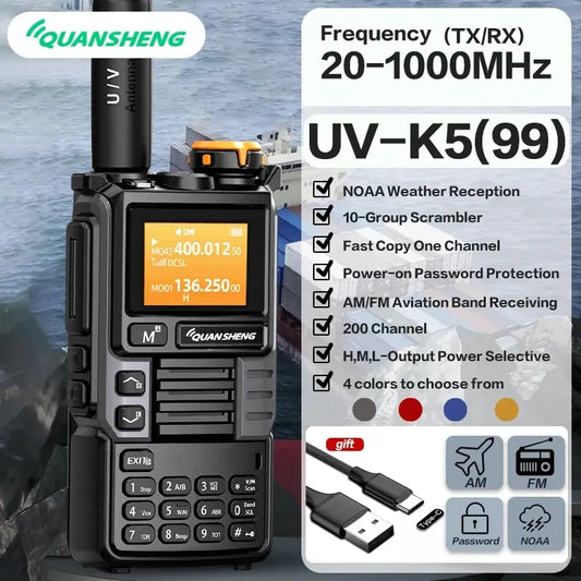 جهاز اتصال لاسلكي Quansheng UV-K6 بقدرة 5 وات ونطاق هوائي وشحن من النوع C وUHF وVHF وDTMF وFM وجهاز تشويش NOAA وتردد لاسلكي ثنائي الاتجاه