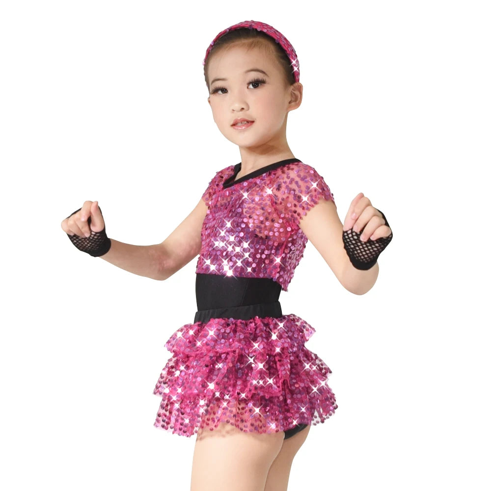 6pcs Jazz Dance Outfits Sequins Tires Dance Dress Tap Dance Costume Leotard Crop Top Skirt Headband Fishnet Gloves