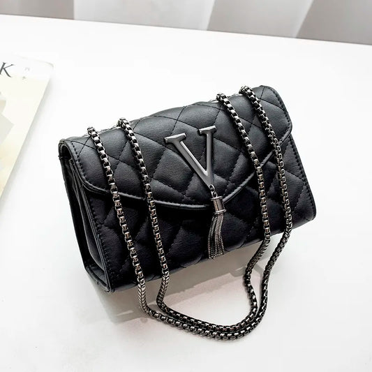 Black Luxury Handbags And Purse Women PU Leather Messenger Shoulder Bag Plaid Female Crossbody Bag Tassel Quilted  Brand