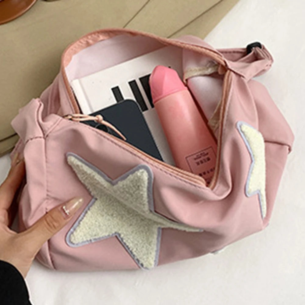 Women Canvas Messenger Bag Adjustable Strap Star Shoulder Bag Soft Crossbody Sling Bag Pentagram Satchel Bag Slouchy Travel Bag