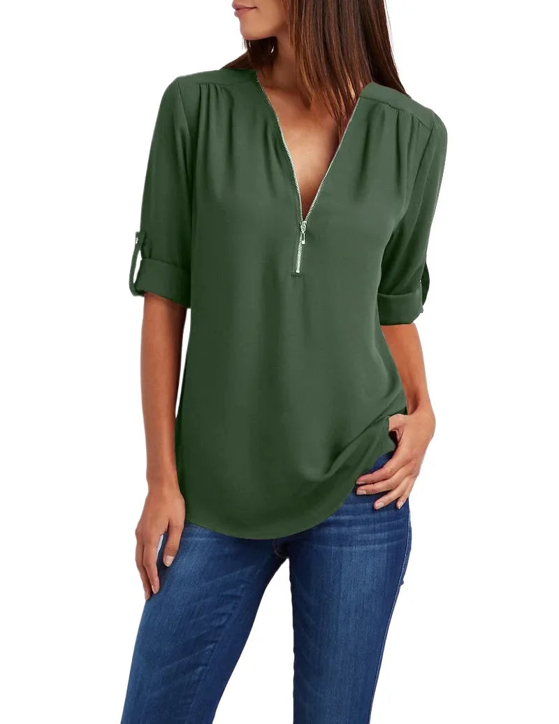 Summer Women Cool Loose Shirt Deep V Neck Chiffon Blouse Casual Ladies Tops Sexy Zipper Pullover Plus Size Long Sleeve Fashion