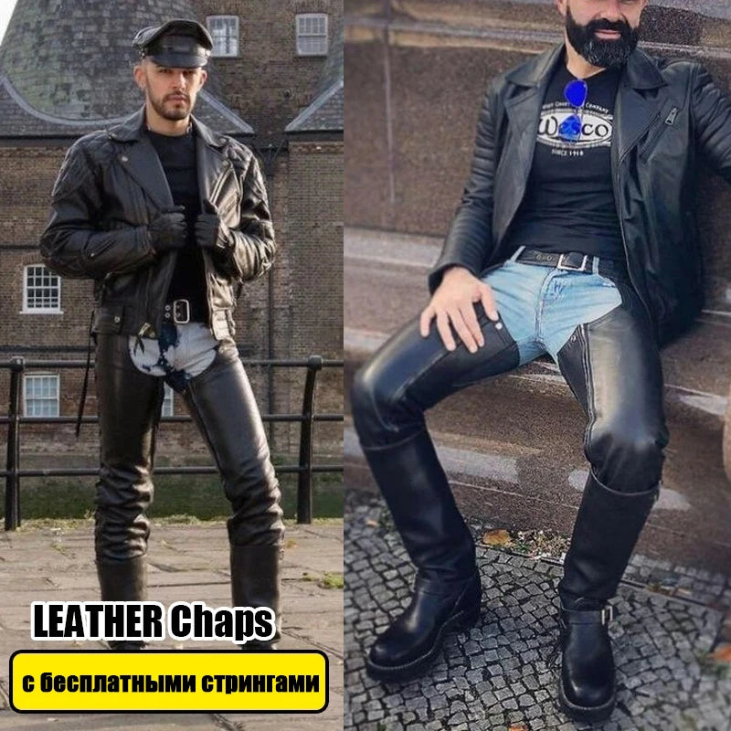 Men Cowboy Chaps Pants with Thongs Leather Pants Sleeves Sexy Ass-less Chap for Men Moto Pants Cool Outfits Stripper Adult Wear