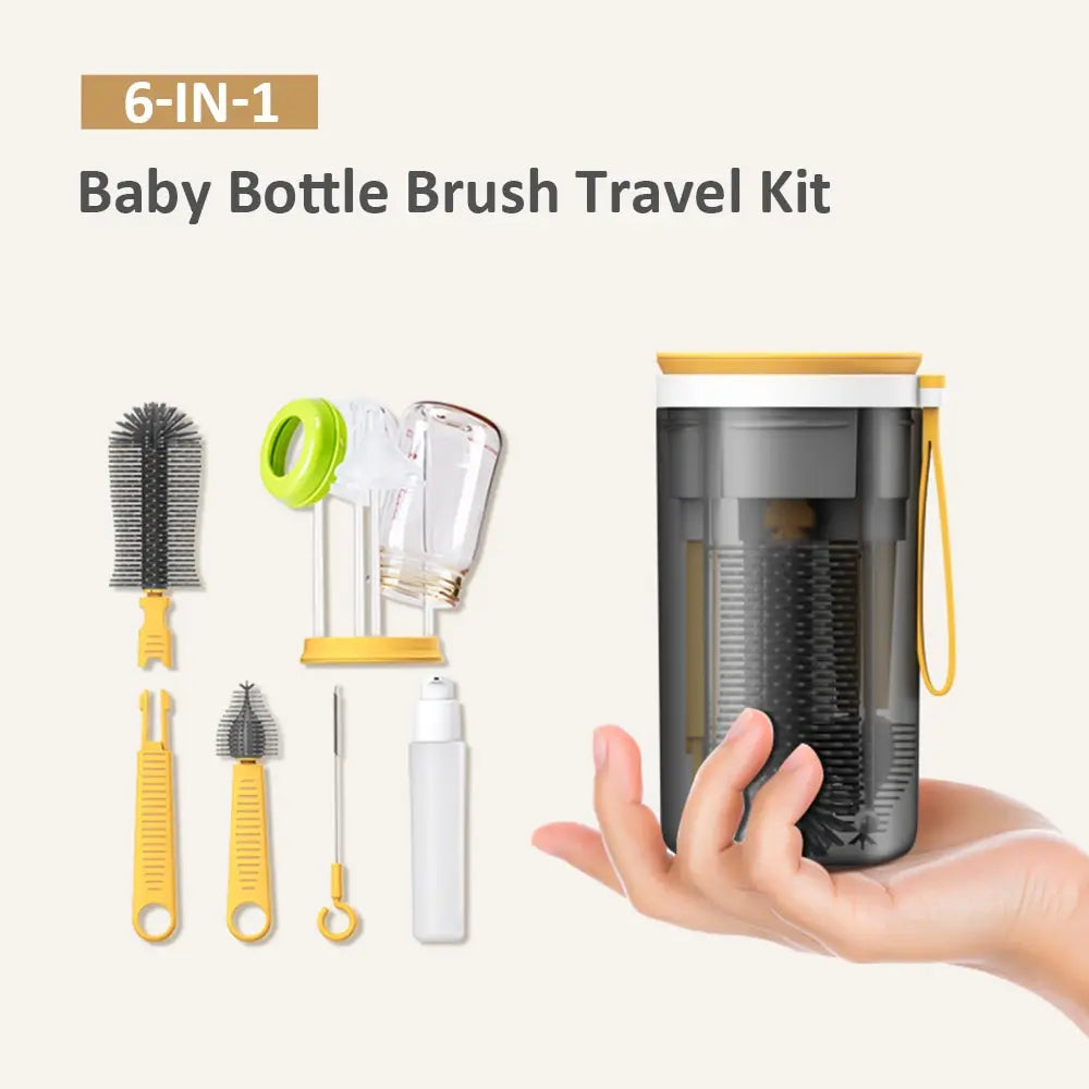 Portable Baby Bottle Brush Kit Travel Feeding Bottle Cleaning Set with Magnetic Drying Rack/ Soap Dispenser/ Storage Cup