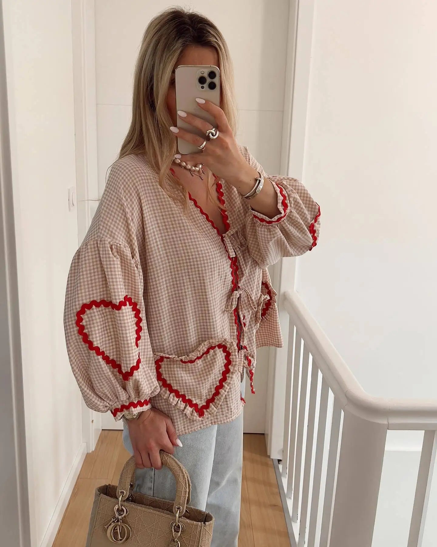 Vintage Women Loose Heart Pockets Shirts 2024 Fashion Ladies Casual V Neck Bow Buttons Blouses for Female Chic Tops Clothes