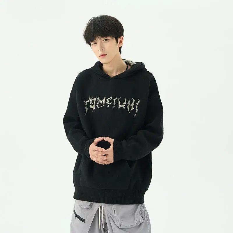 Y2k Hooded knitwear men clothes Winter Sweater 2023 American Style Embroidery knitwear Streetwear High Street knitwear trend top