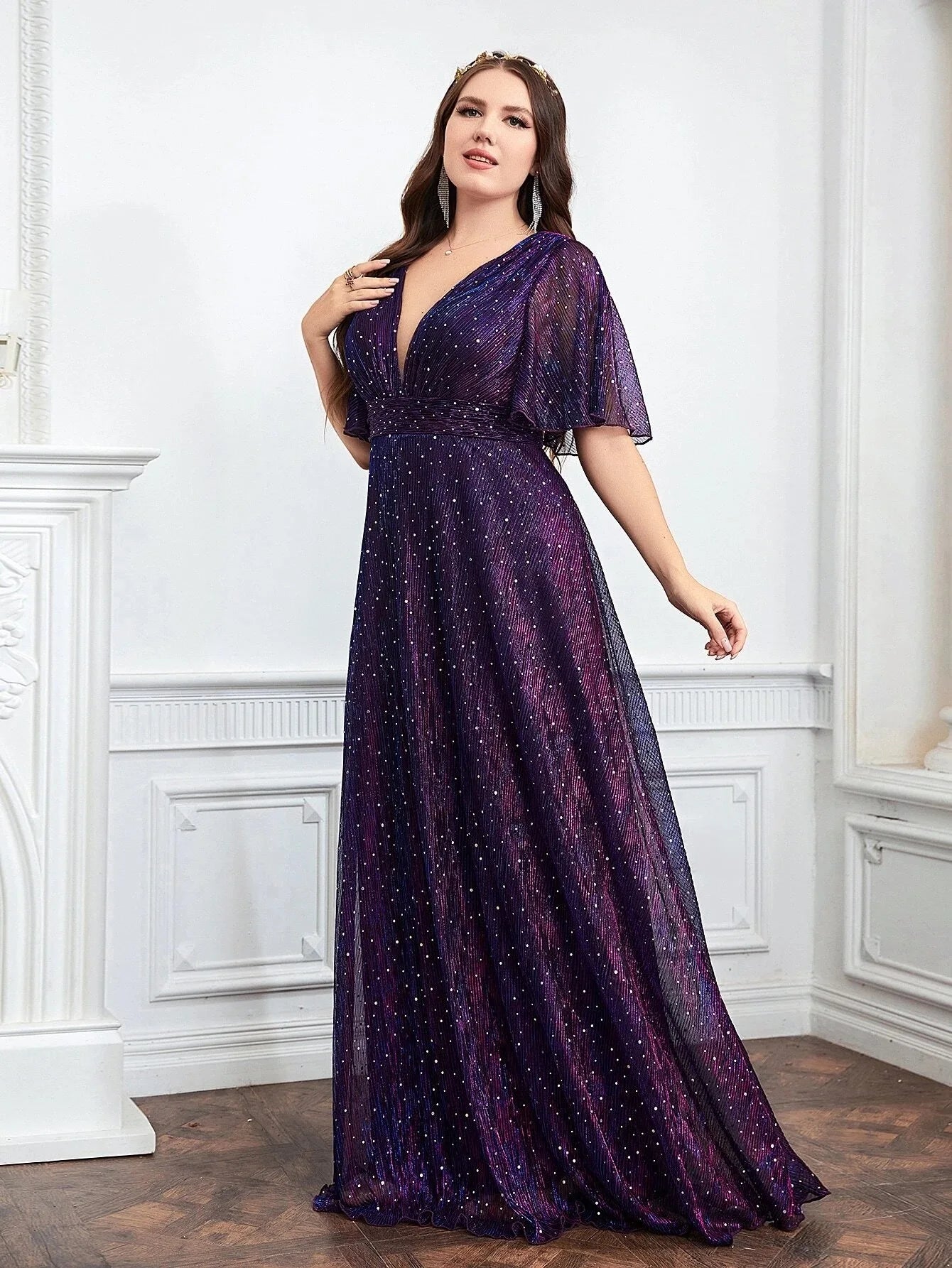 Wedding Bridesmaid Dresses For Plus Size Female Fashion Butterfly Sleeve Glitter Party Dresses New Large Size Women Summer Dress