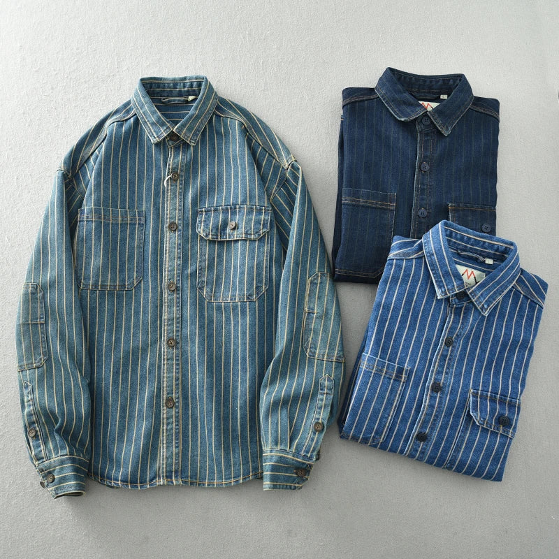 Vintage washed vertical stripe denim shirt men's loose large size cotton long-sleeved shirt jacket