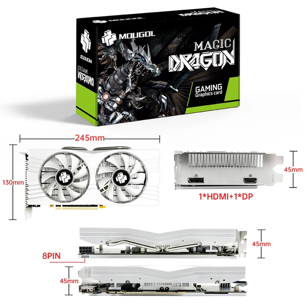 بطاقة رسوميات MOUGOL AMD Radeon RX580 8G بذاكرة GDDR5 وبطاقة ألعاب فيديو متوافقة مع PCIE3.0x16 HDMI-DVI لأجهزة الكمبيوتر المكتبية