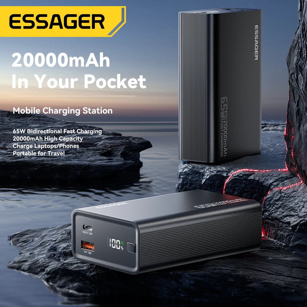 Essager Power Bank 20000mAh Портативный PD 65W Быстрая зарядка мобильного телефона Внешний аккумулятор Powerbank для телефона ноутбука планшета Mac