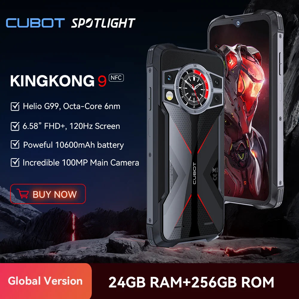 Cubot KingKong 9، Helio G99، شاشة 120 هرتز، 6.583 بوصة، هاتف ذكي متين، ذاكرة وصول عشوائي سعتها 24 جيجابايت (12+12 جيجابايت ممتدة)، ذاكرة قراءة فقط سعتها 256 جيجابايت، كاميرا 100 ميجابكسل، NFC