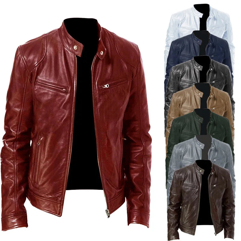 Mens Motorcycle Leather Jacket Slim Fit Short-Coat Lapel PU Jackets Autumn New Zipper Stand Windproof Leather Coat Mens Clothing