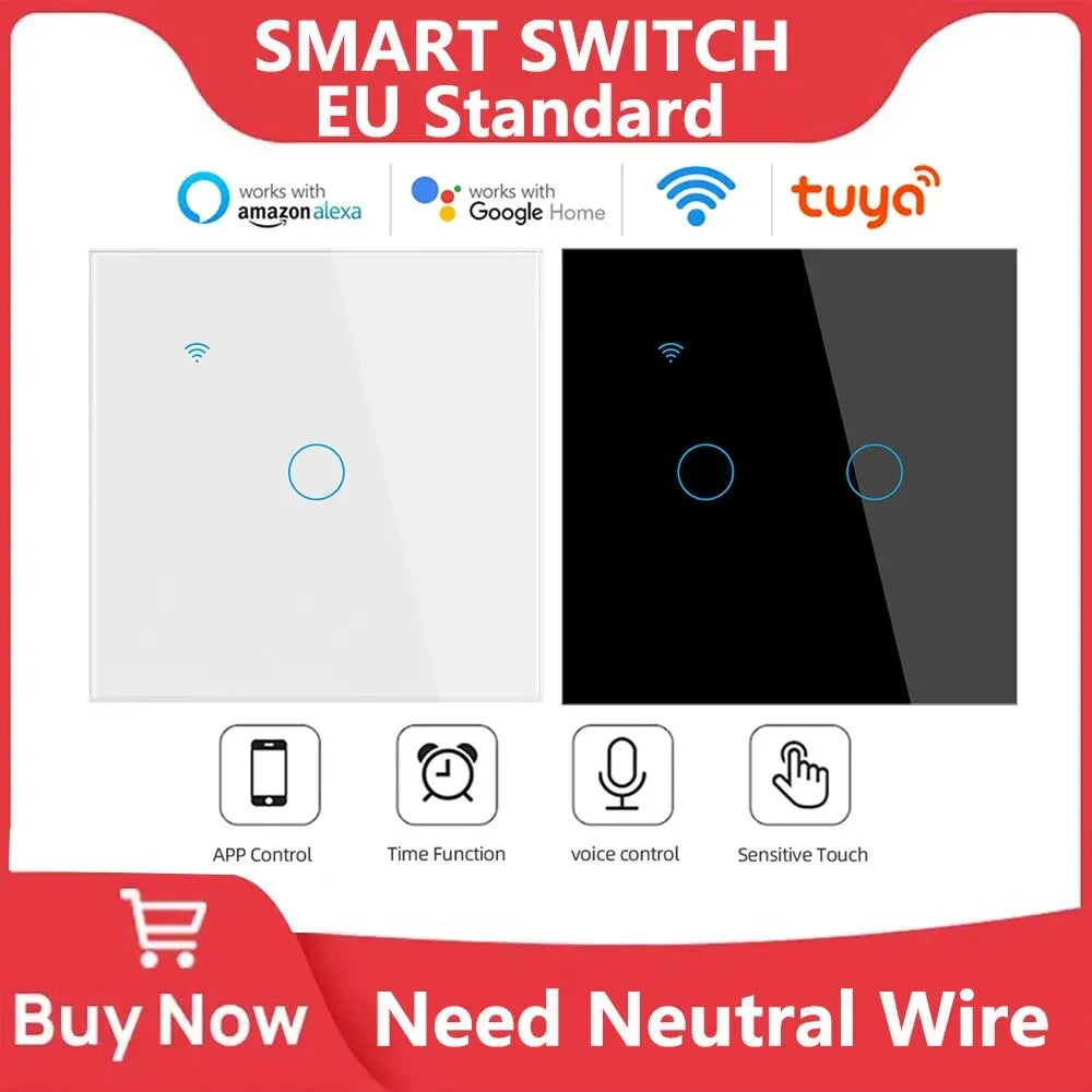 WiFi Smart Switch EU Light Wall Touch Switch 220V Нужен нейтральный провод Tuya Smart Life Работа с Alexa Google Home 1/2/3/4 Gang