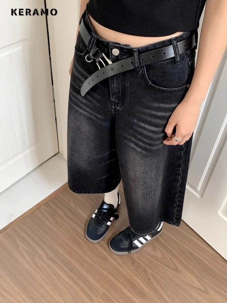 Harajuku Vintage High Waist Black Retro Washed Denim Shorts Women's Fashion Casual Loose Fit Y2K Streetwear Mid Long Short