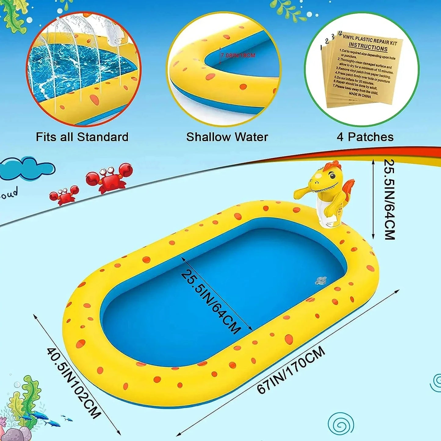 حوض سباحة قابل للنفخ للأطفال لصيف الأطفال على شكل ديناصور، حوض سباحة للأطفال في الفناء الخلفي، وسادة رش مائية خارجية، ألعاب مائية
