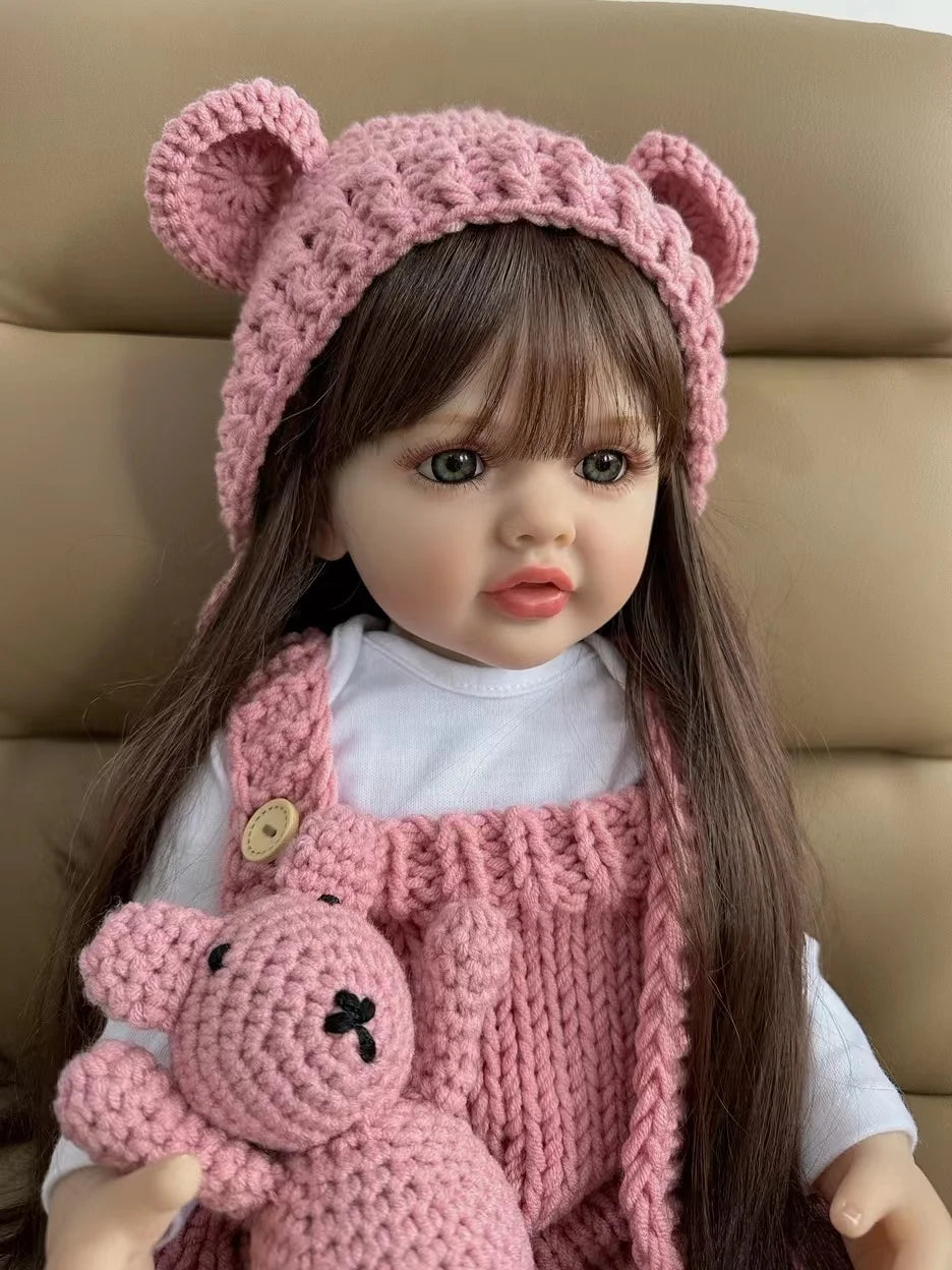 BZDOLL 55cm 22inch Lifelike Reborn Baby Girl Doll Soft Silicone Long Brown Hair Realistic Princess Toddler Bebe Birthday Gift