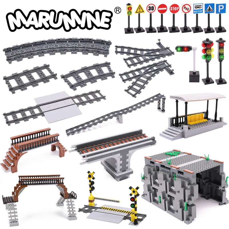 Marumine MOC City Train Railway Build Model Kit Soft Cruved Straight Tracks Traffic Light Tunnel Compatible 53401 Blocks Bricks